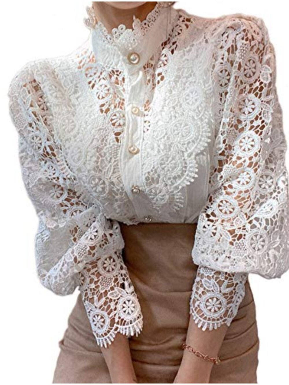 Lace Trim Button Down Blouse Puff Sleeve Victorian Top